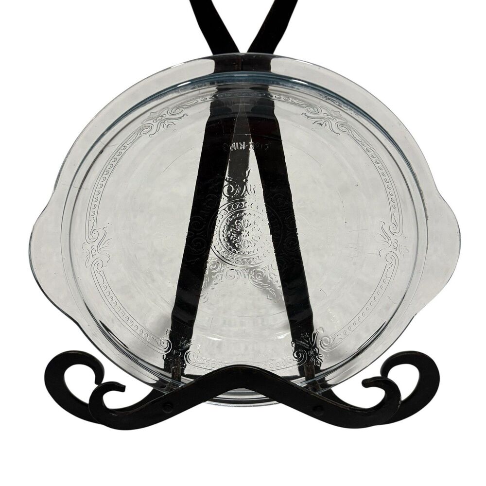 VTG FireKing 8” Clear Glass Pie Plate Anchor Hocking Embossed Scroll Handles